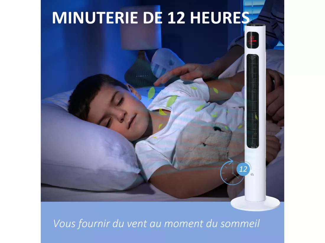 Ventilateur colonne tour oscillant 45 W silencieux télécommande timer 3 modes 3 vitesses blanc