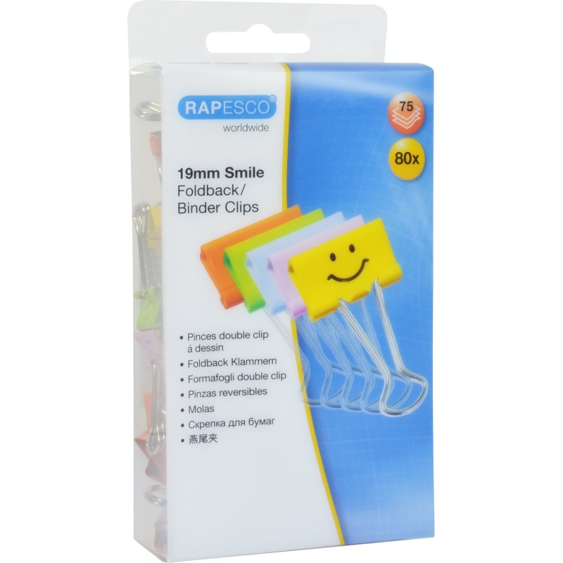 Pince double clip Emojis 19 mm Rapesco couleurs assorties - Boîte de 80