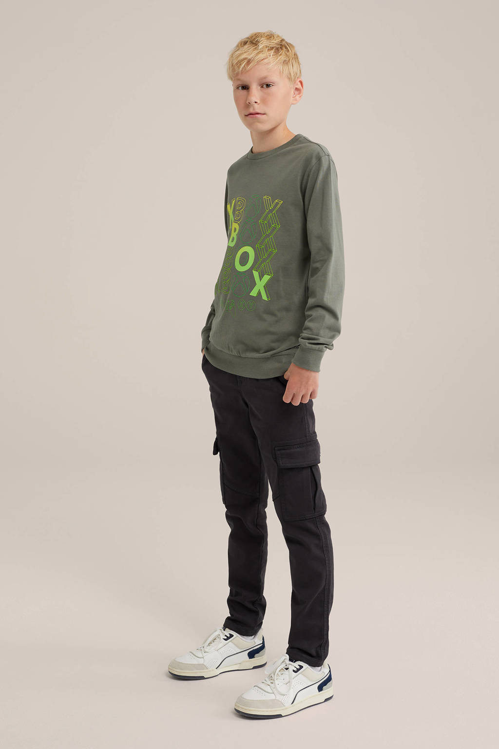 WE Fashion longsleeve met printopdruk grijsgroen/geel/limegroen