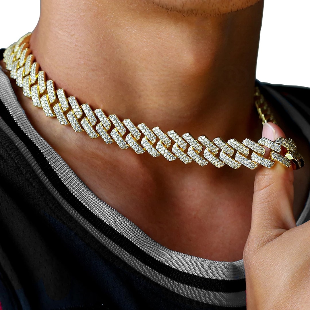 15mm Prong Cuban Link Panzerkette Gelb vergoldet mit Zirkonia