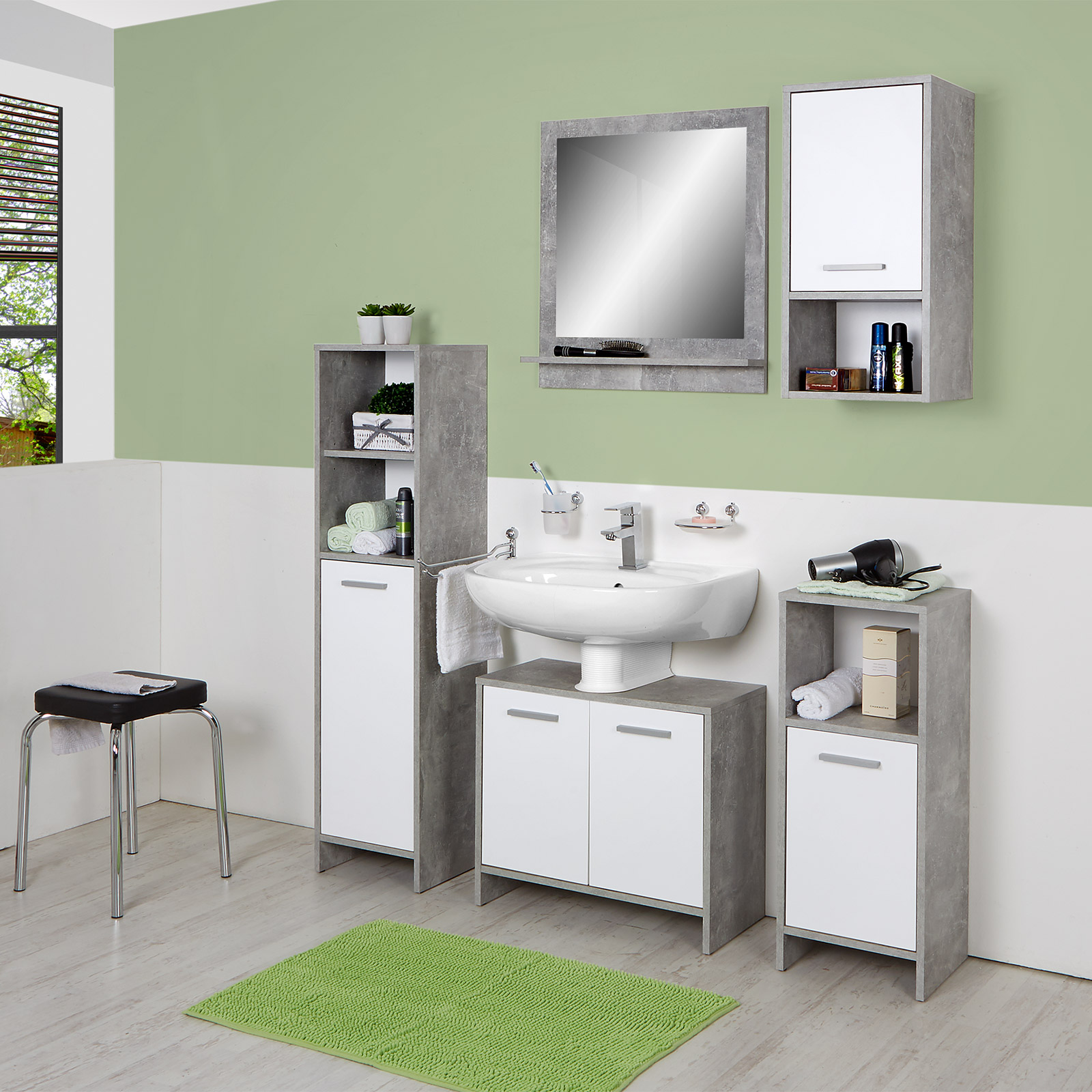 Midischrank - weiß-Betonoptik - 135 cm hoch