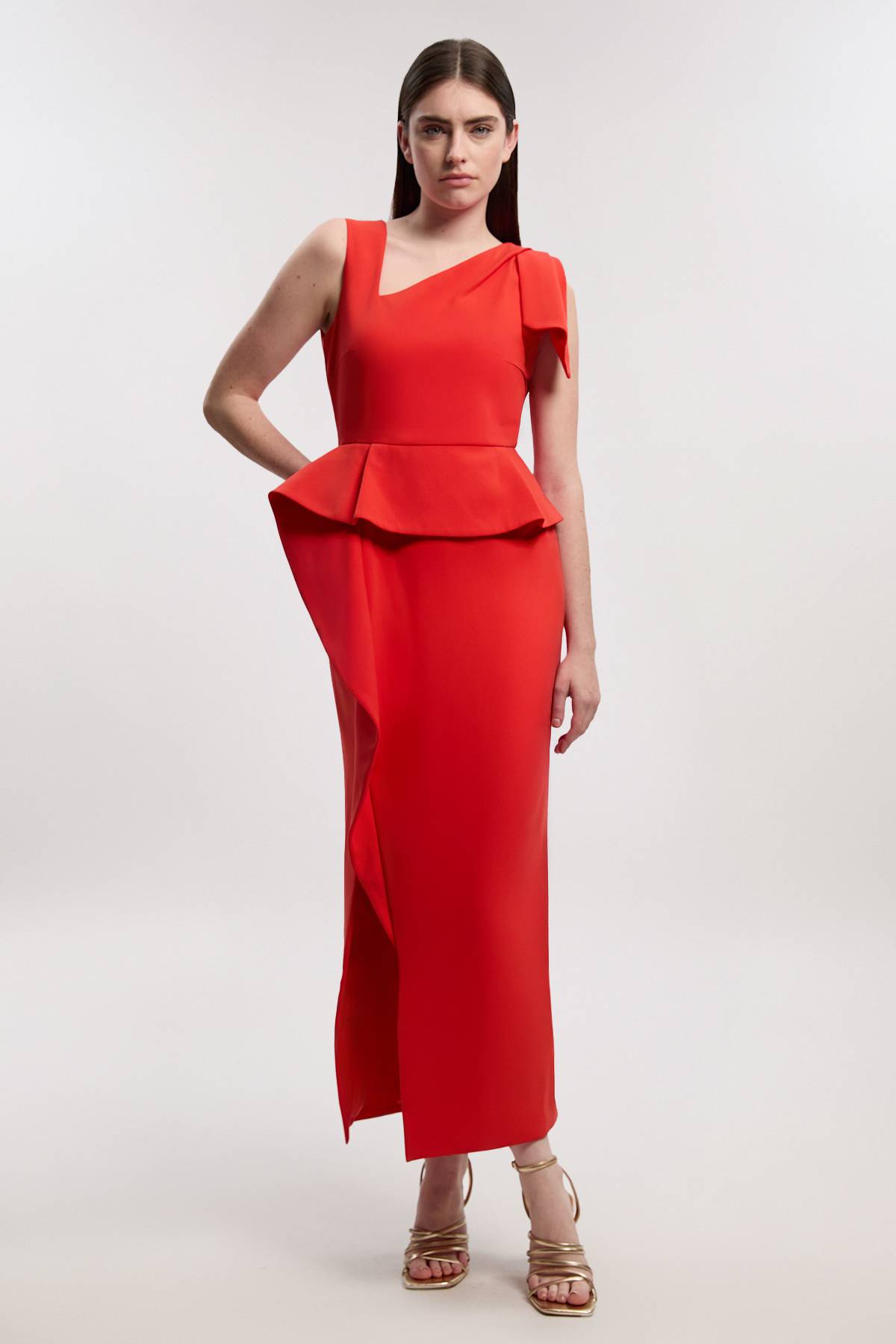 KarenMillen Robe Midi Crayon Ceinturée À Basque Volantée En Maille Stretch Compacte