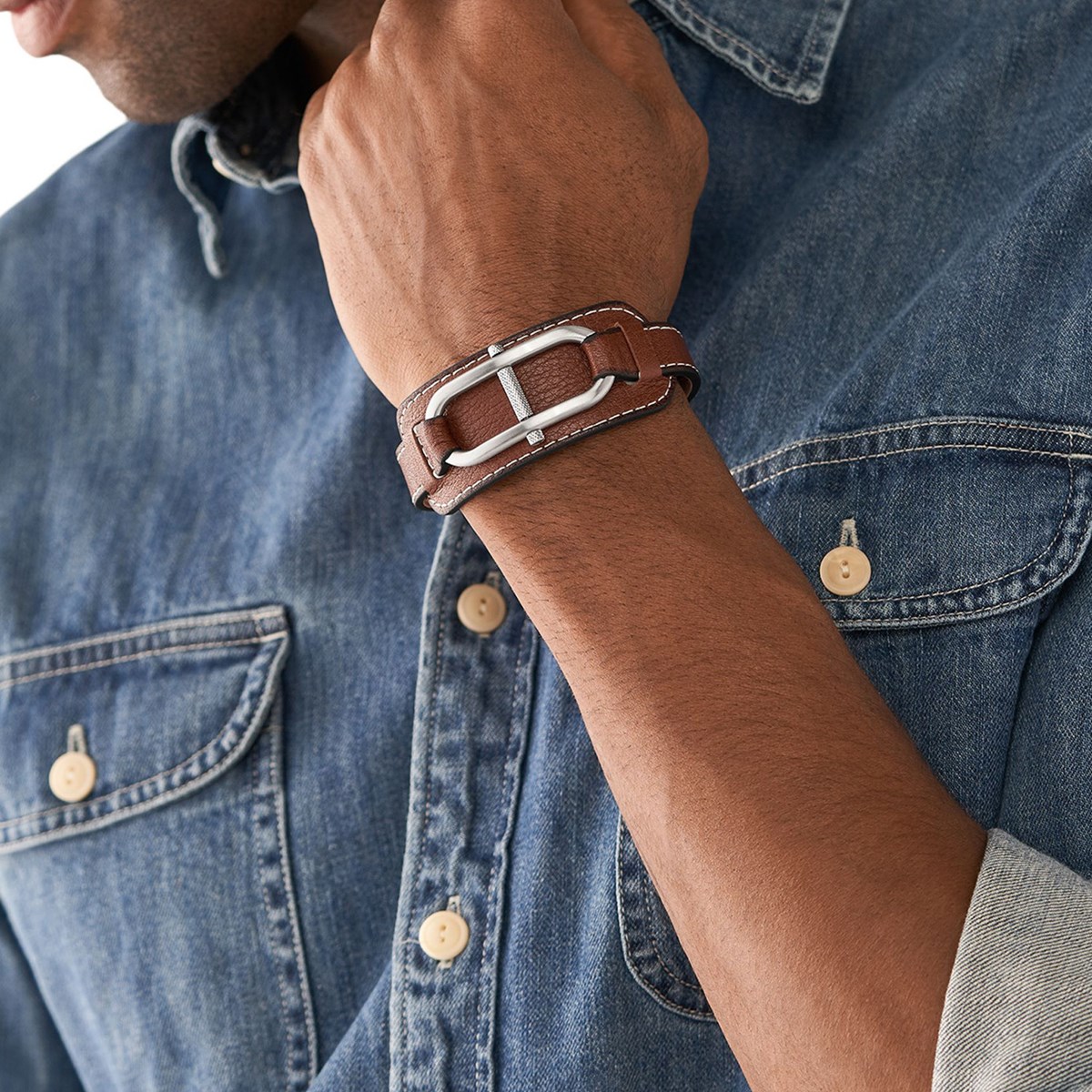 Bracelet homme Fossil Heritage D-Link cuir brunmotif ovale avec barette acier