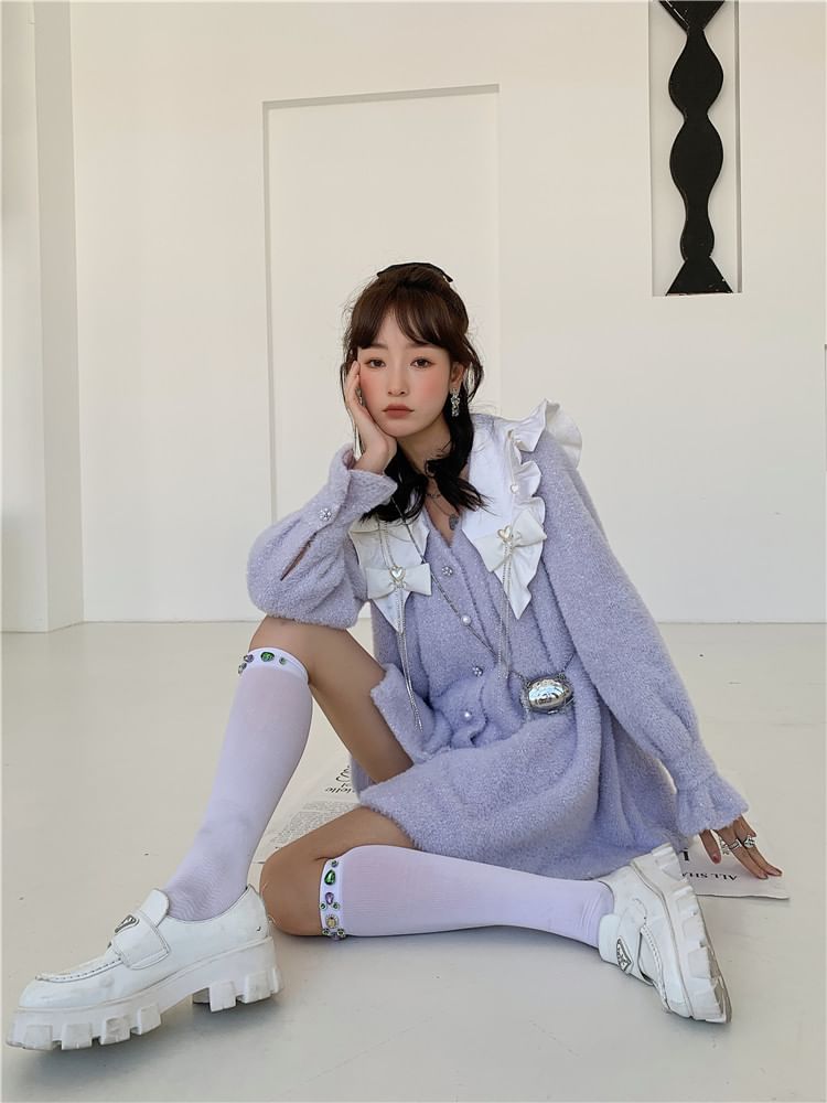 haruokiea - Mini-jurk met pofmouwen, ruches en strik