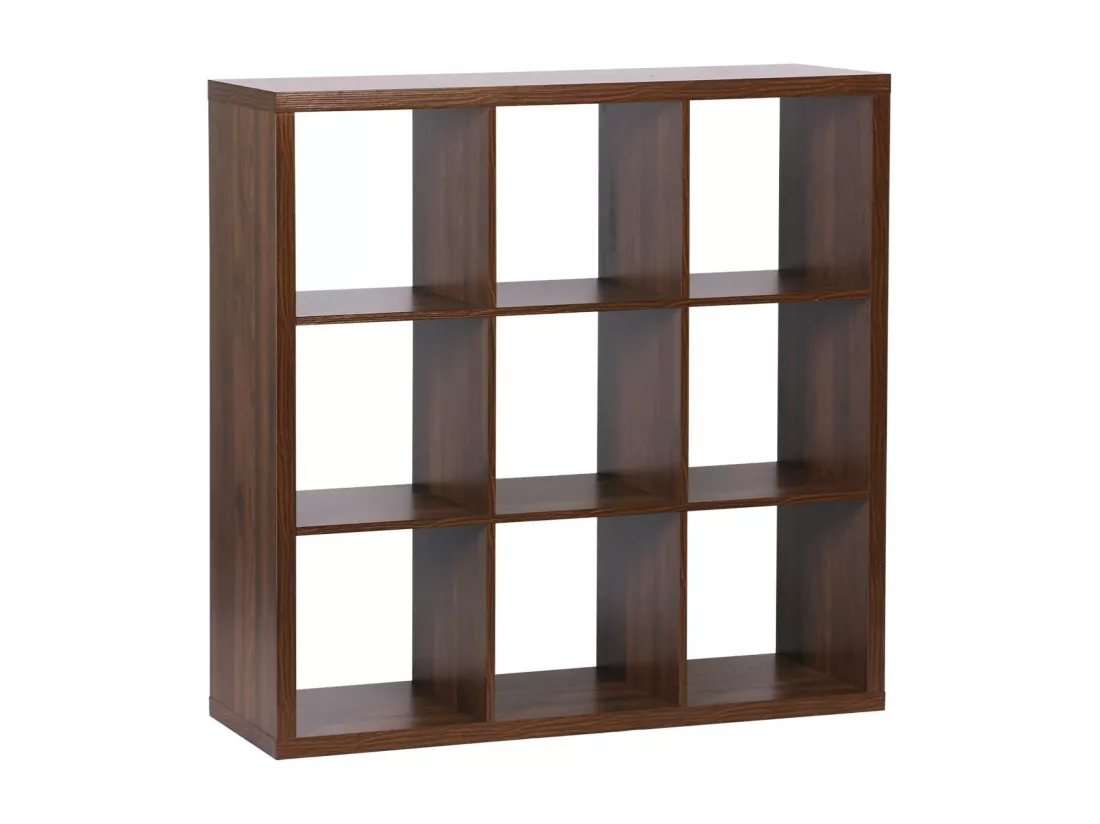 Etagère bibliothèque cubique 3 niveaux 9 compartiments. casiers. effet bois de noyer. L 111.2 x P 39 x H 111.2cm