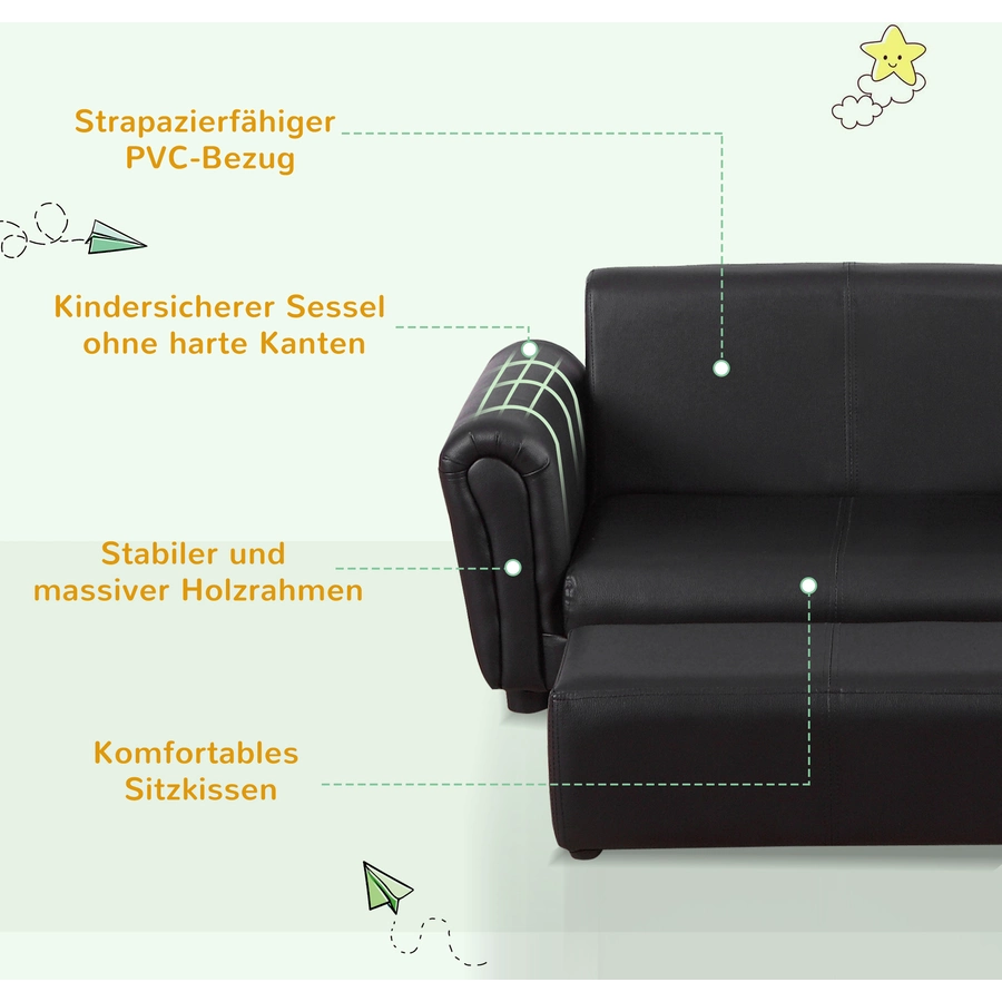 HOMCOM Kindersofa mit Hocker schwarz