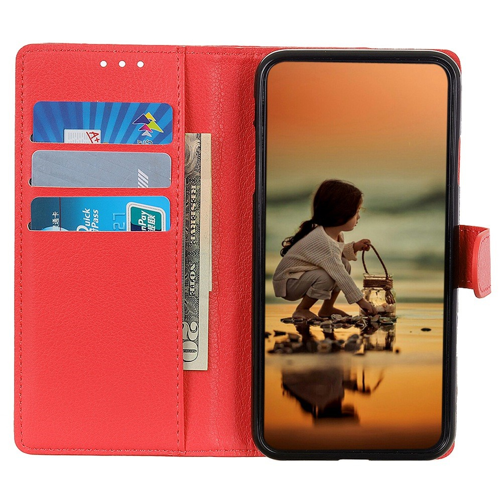 iPhone 16 Leder Tasche Flip Cover Litchi Look - Rot