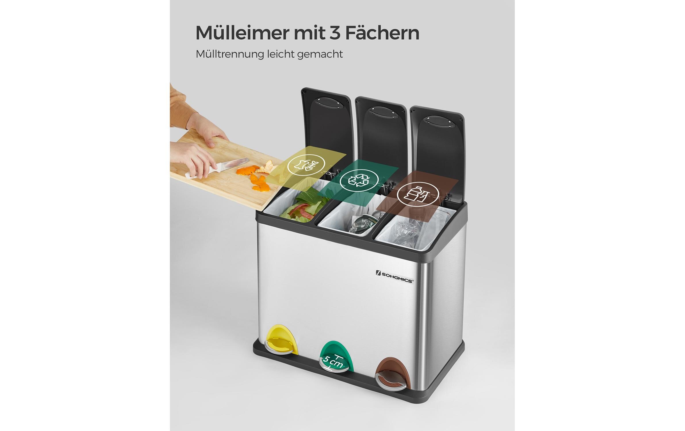 Abfalleimer 24 l, SilberTreteimer mit drei Fächern