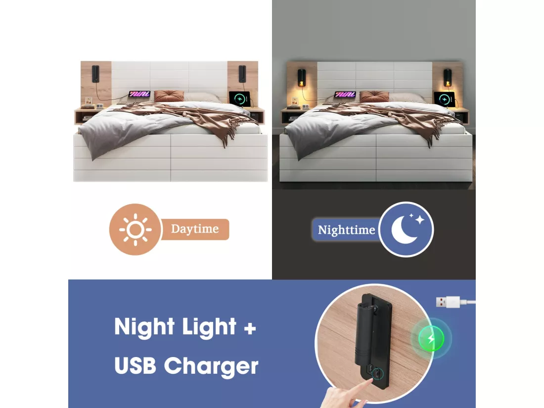 Lit avec tiroirs et chevets 180x200cm, chêne blanc, avec lampes de lecture 360° et Ports de charge USB, 255×207x80cm