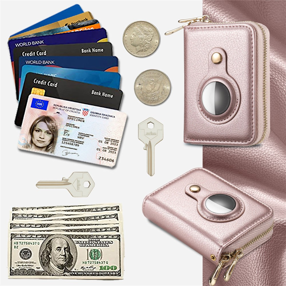 (12.7x11.1x3.6cm) Apple AirTag Wallet Mini Kreditkarten Portemonnaie Leder Etui Geldbörse Litchi Look  (RFID Schutz) - Roségold
