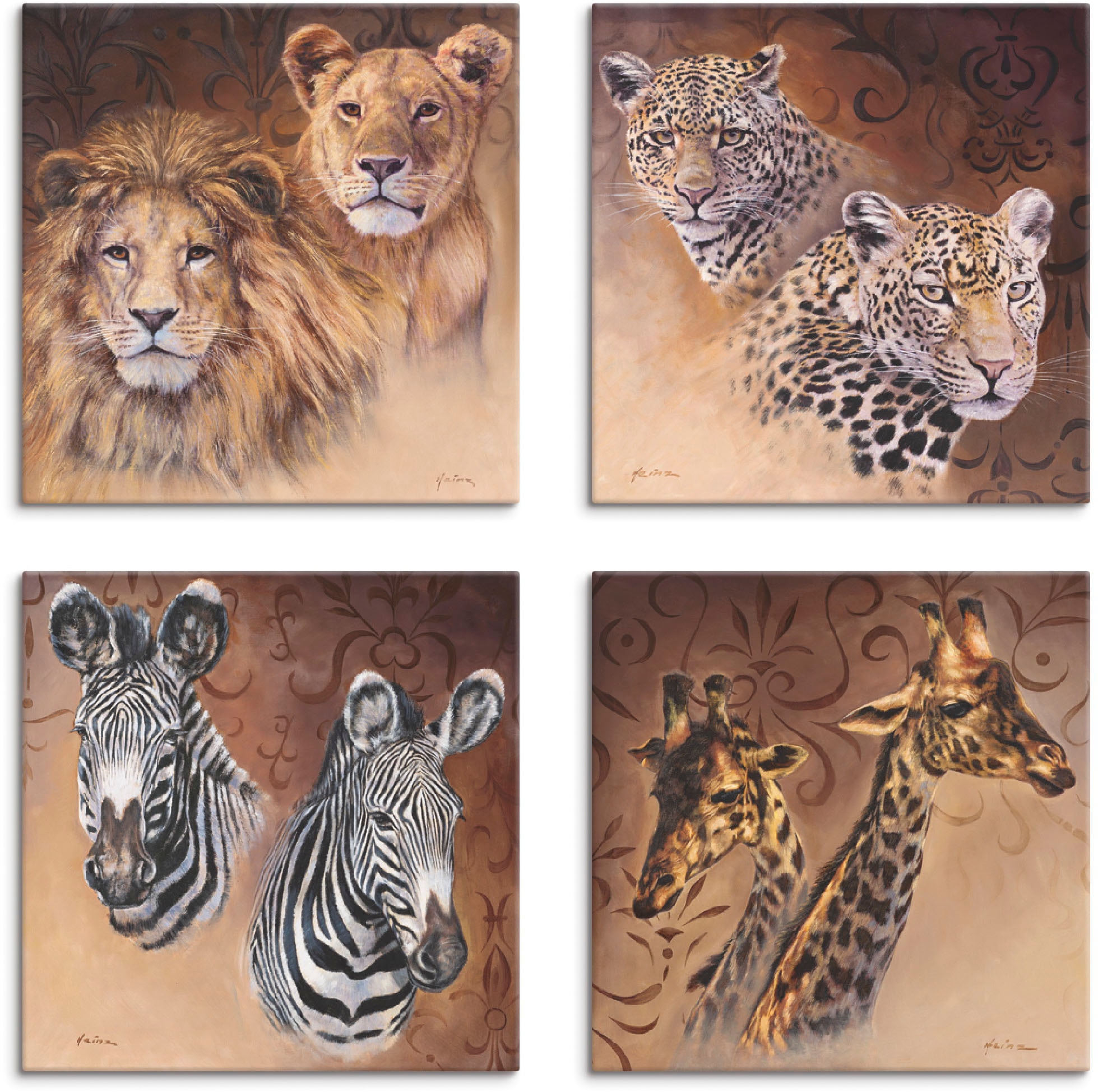 Artland Leinwandbild »Löwen Leoparden Zebra Giraffen« Wildtiere 4 Stk. tlg. 4er Set, verschiedene Grössen
