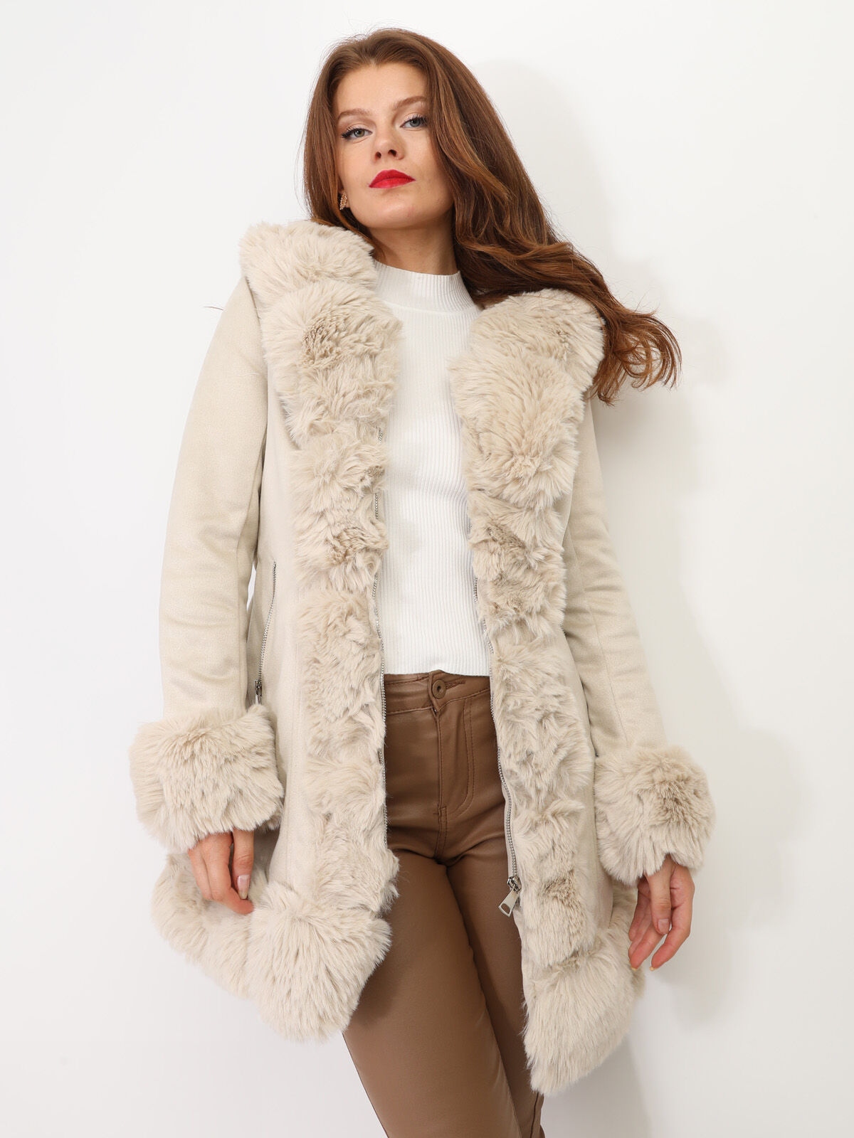 Manteau en suédine à fausse fourrure- Beige