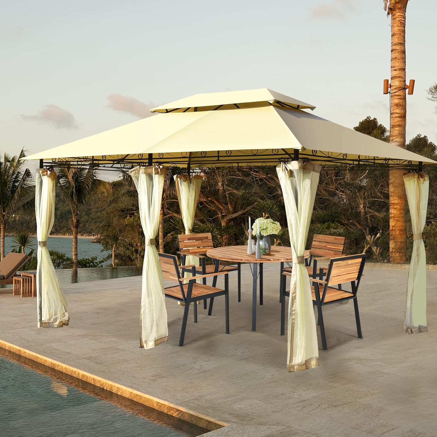 COSTWAY Pavillon Metall 3x4m, Gartenpavillon mit abnehmbaren 4 Seitenwänden, Gartenzelt Luxus, Festzelt Partyzelt Stabil, fürs Picknicken, Grillen, Hochzeiten (Beige)