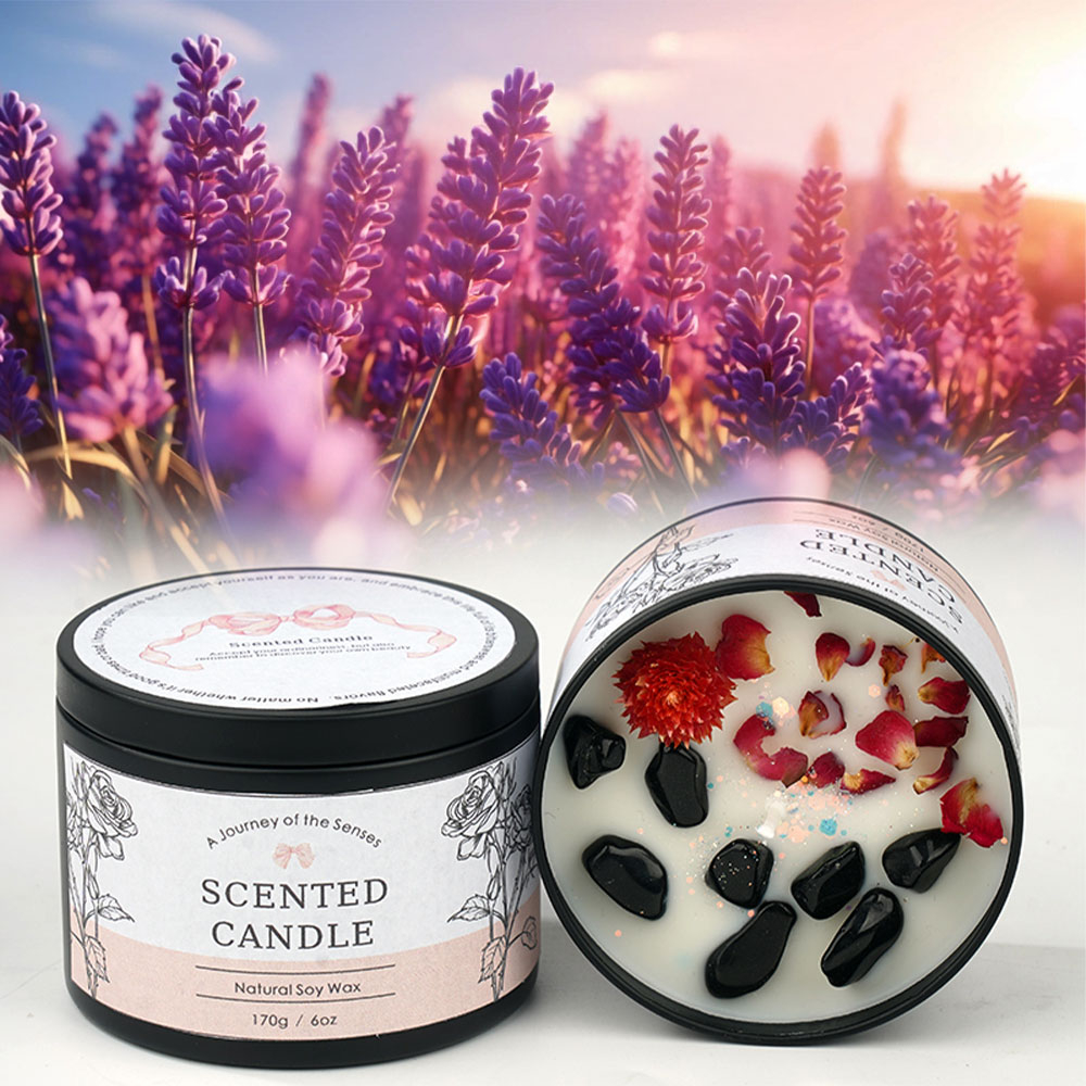 Duft Kerze in Dose Aromatherapie Sojawachs Kerze Home Deko Kristall Steine / Blumen - Vanille