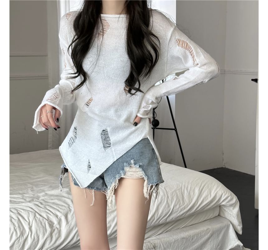 Shinsei - Lange mouwen, boothals, effen, asymmetrisch, versleten, doorschijnend, slim fit gebreide top