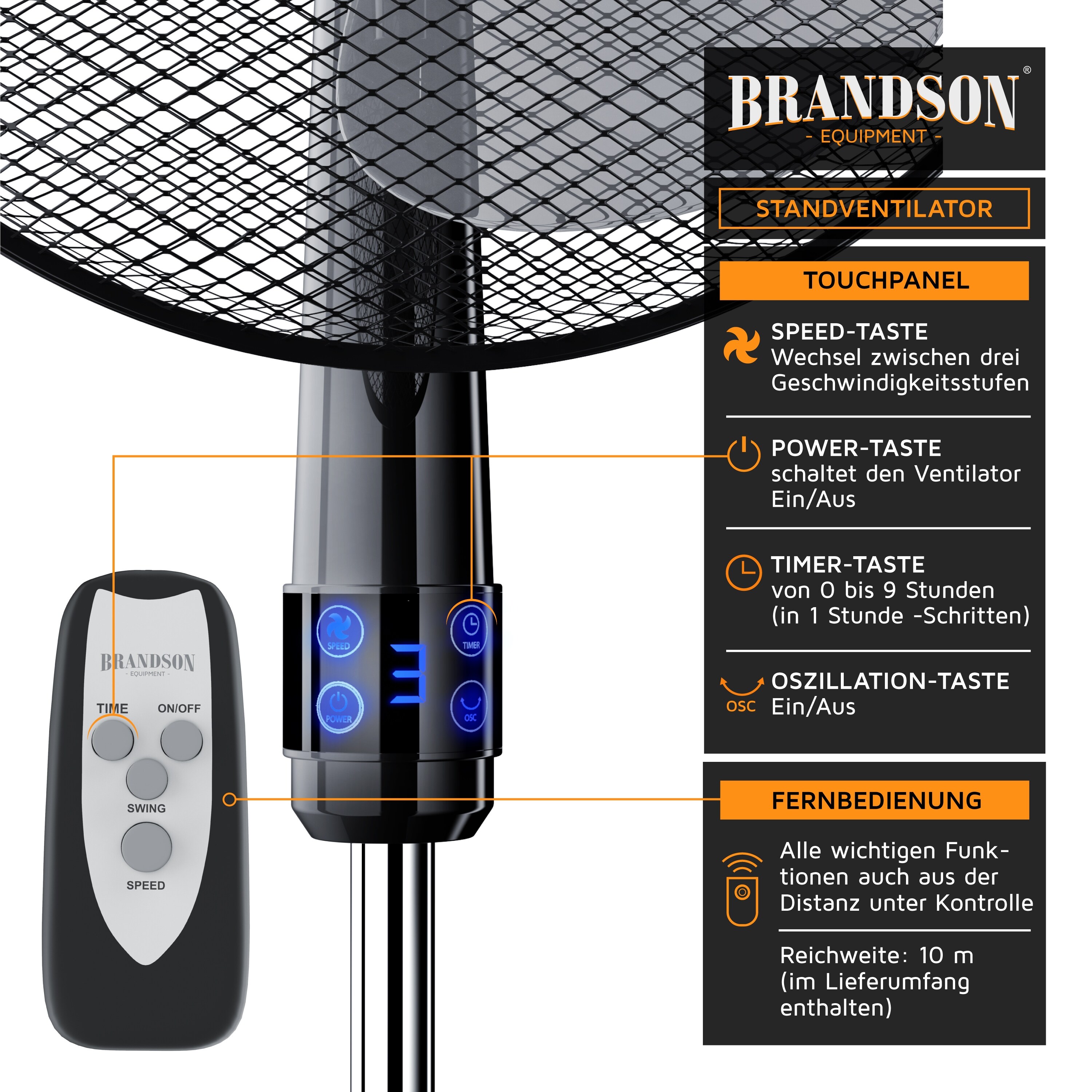 Brandson Standventilator mit Fernbedienung 50W, leise, Ventilator höhenverstellbar, 30° neigbar , 3 Geschwindigkeitsstufen, Oszillation ca. 90°