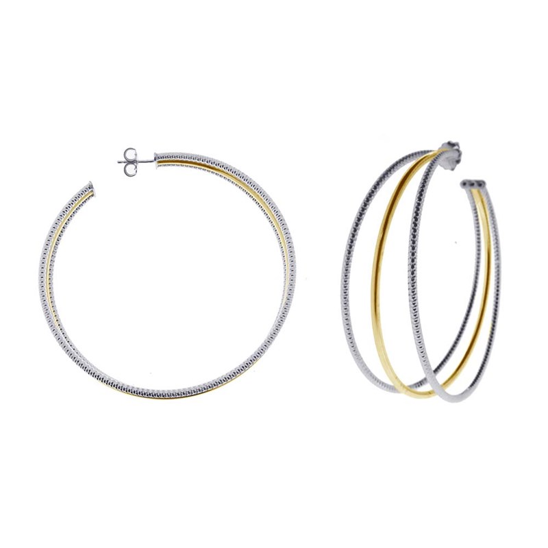 Boucles D'oreilles Créoles Trois Anneaux Très Grand Modèle Argent Rhodié Doré Diamantée Et Lisse Diamètre 65mm