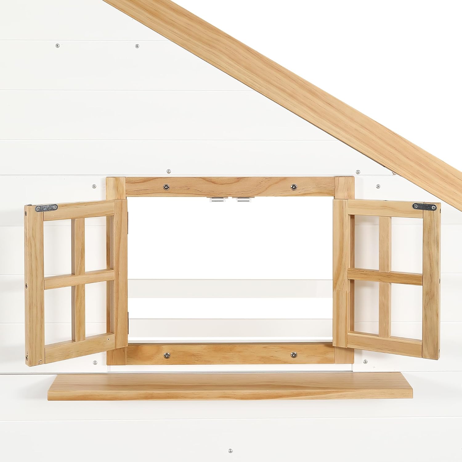 Kinderbett 90x200 cm, Etagenbett mit Stauraumtreppe, Hausbett mit Fenster, Multifunktionsbett mit 2 Schubladen, Bettgestell mit Fallschutzgitter für 2 Kinder, ohne Matratze, Weiß+Natur