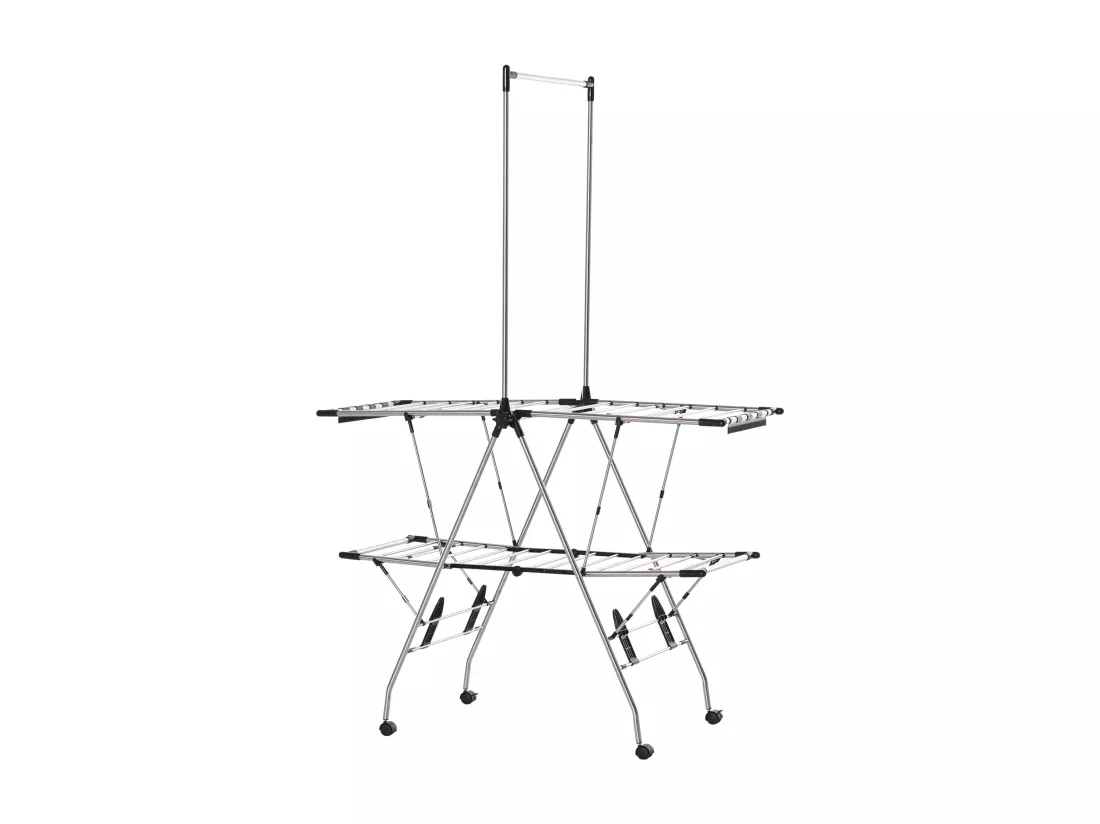 HOMCOM Séchoir à linge étendoir à vêtements pliable réglable avec barre de penderie et roulettes acier inox. PP noir