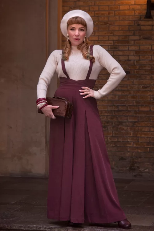 Vixen Wide leg suspender pantalon in wijnrood