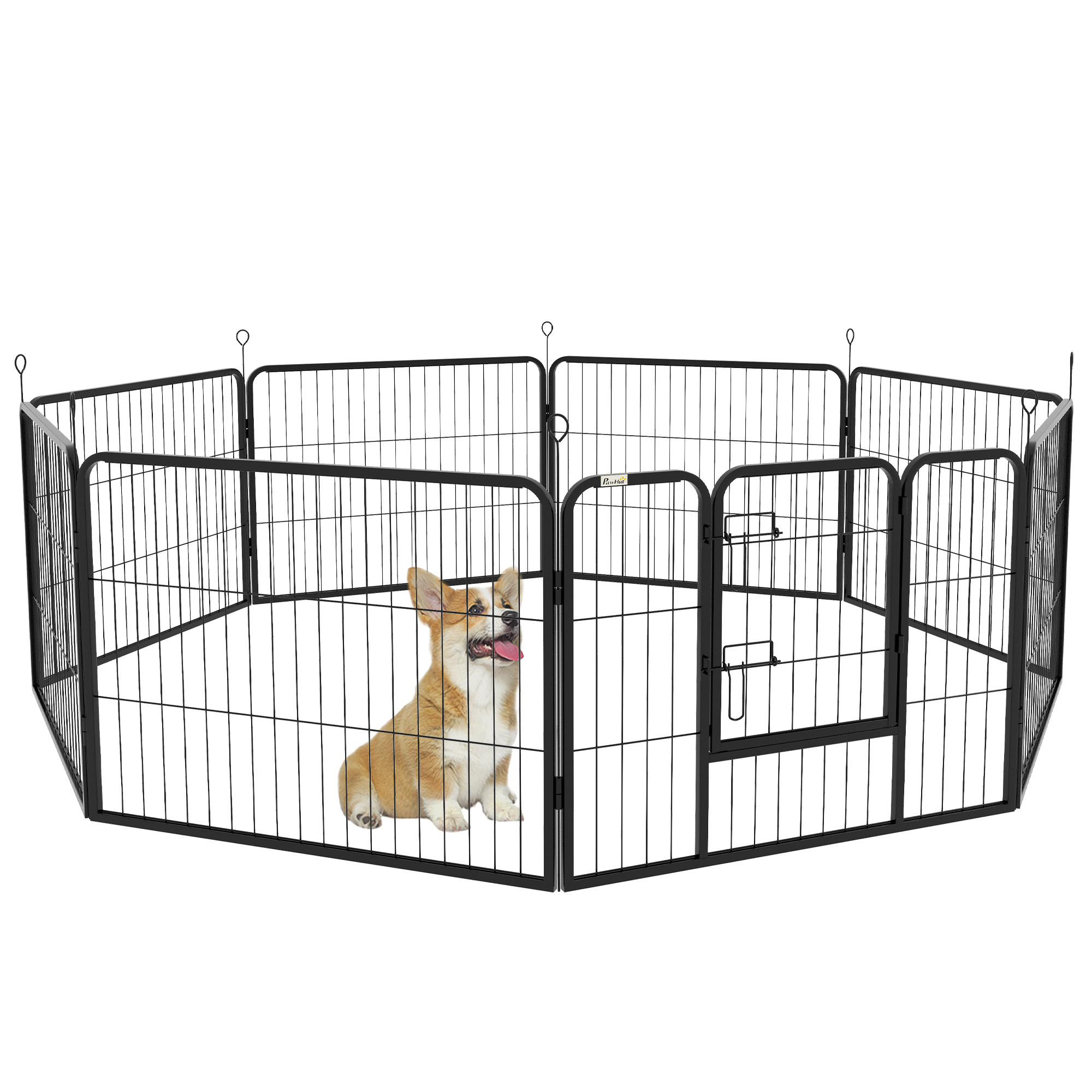 Cercado para cães PawHut com 8 painéis, 80x60 cm, formato personalizável, com portão de estrutura de aço e 8 âncoras para fixação no solo, ideal para jardim e pátio. Cor: Preto.