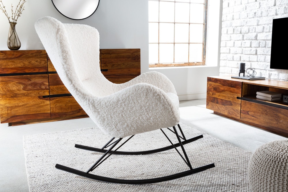 riess-ambiente Schaukelstuhl SCANDINAVIA SWING - weiß Bouclé Sessel schwarz Metall Wippmechanik