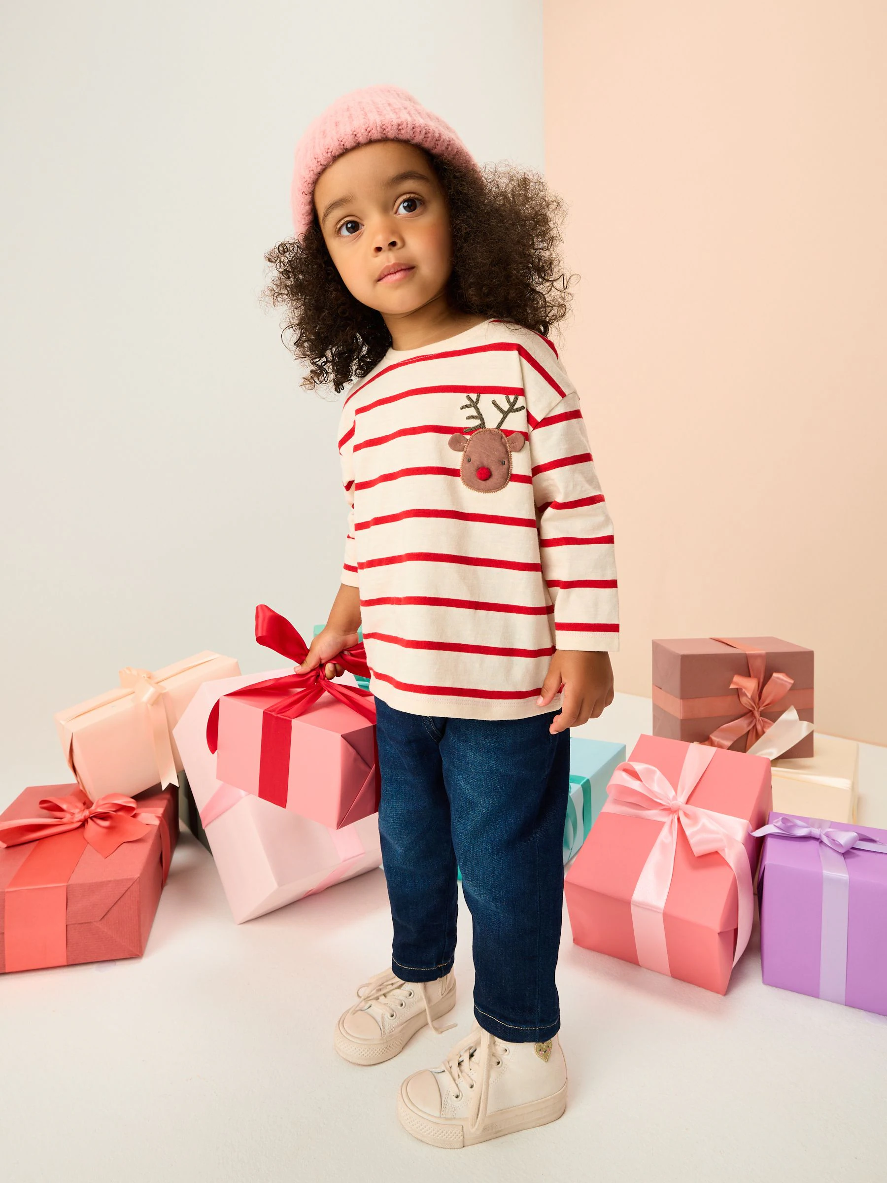 Rood Strepen Rendier en Kerstman Print - Top met applicatie en lange mouwen (3mnd-7jr)