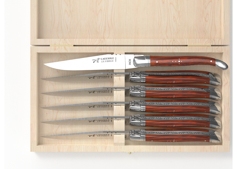 Service de 6 couteaux Laguiole avec un manche en bois de cocobolo et mitres en acier inoxydable