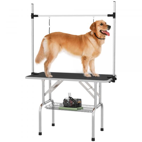 PawHut Mesa Tosquia Cães Dobrável Prateleira Armazenamento Altura Ajustável Mesa Tosquia 107x60x170 cm
