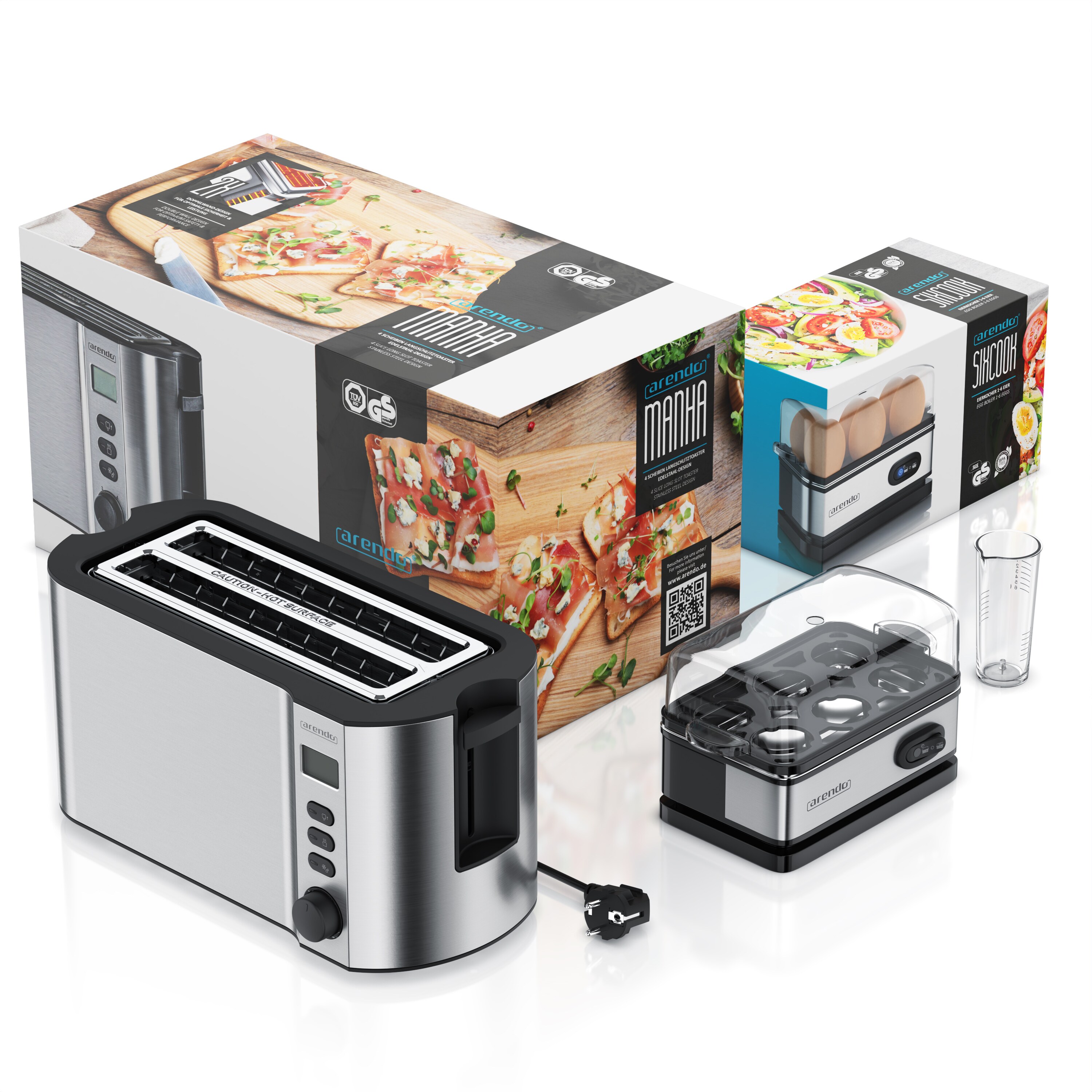 Arendo 2-teiliges Frühstücksset, Langschlitz 4-Scheiben Toaster MANHA, 6er Eierkocher, Silber
