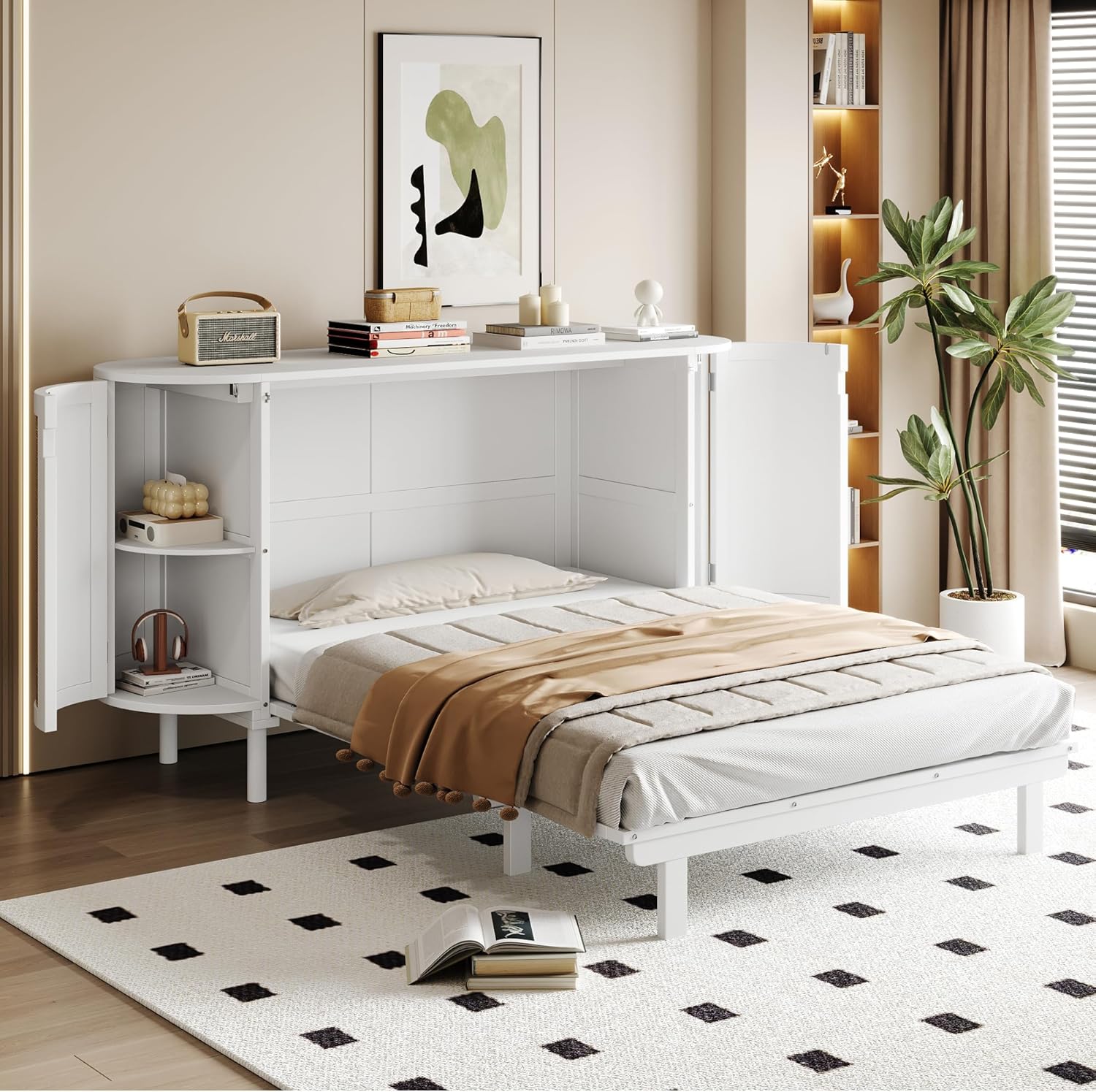 Bladez Mobiles Schrankbett 140x200- Wandbett mit USB, Steckdose und Lattenrost, Schrank mit Klappbett - Wandklappbett - Murphy Bed - Bettschrank， Ohne Matratze (White4, 140x200cm)
