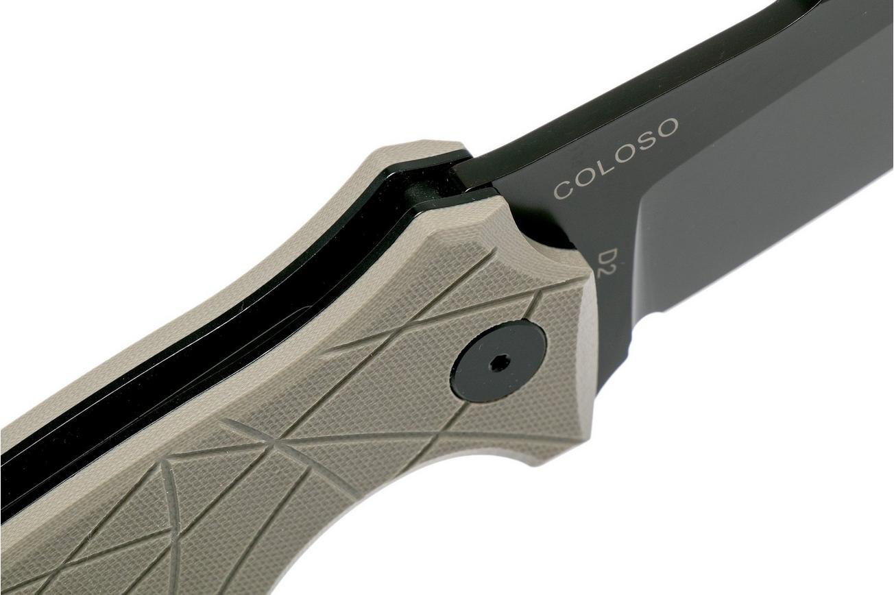 Amare Knives Coloso, tan G10, black blade, zakmes