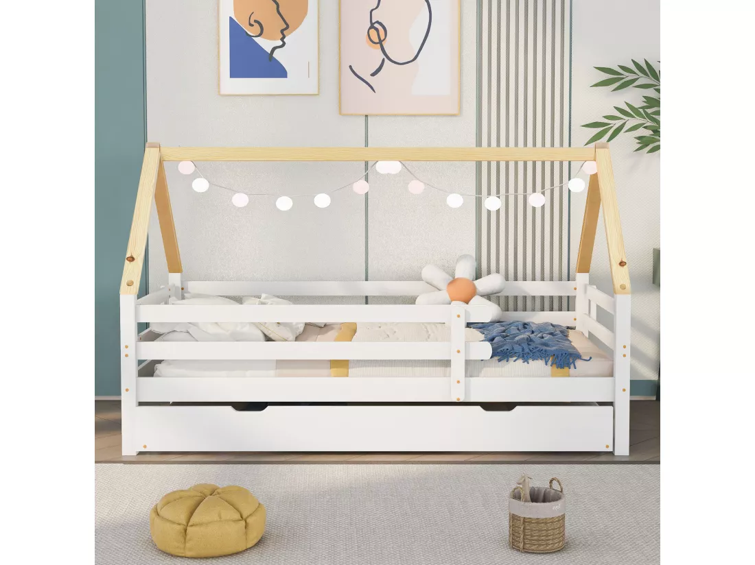Lit gigogne cabane - 90 x 200 cm - bois massif - sommier à lattes - coloris blanc