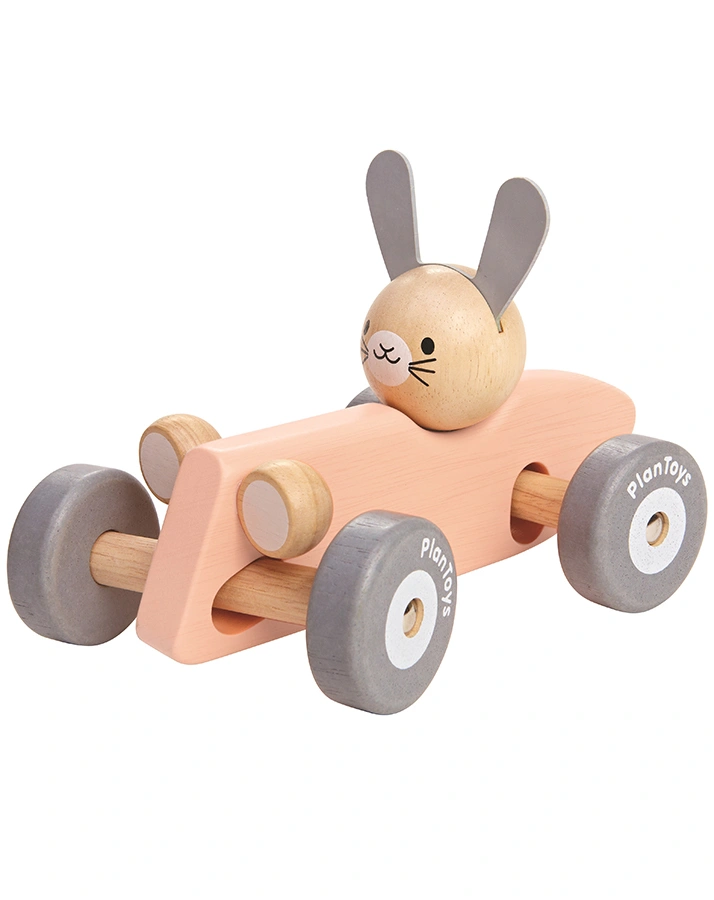 Holzauto RENNWAGEN MIT HASE in rosa