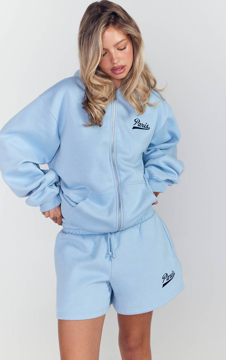 Bleu Short En Molleton Brodé Paris