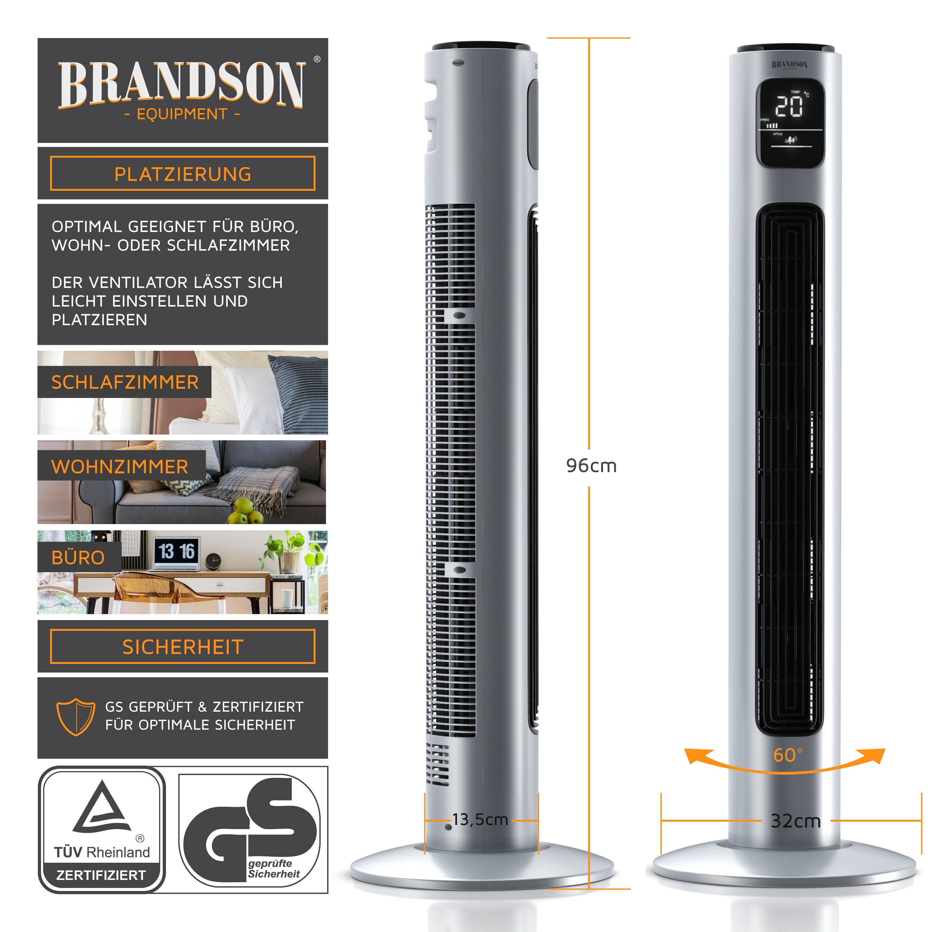 Brandson 96 cm Turmventilator mit Fernbedienung, 3 Geschwindigkeiten, mobiler Lüfter leise, Standventilator mit Oszilation, Ventilator mit GS