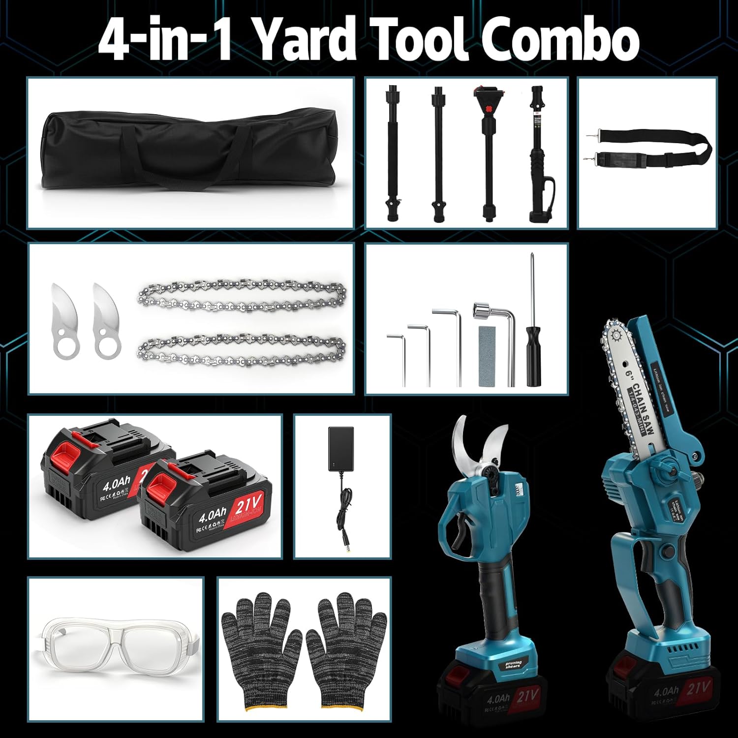 4 in 1 Akku Astschere Mini Kettensäge Teleskop mit 2x4Ah Akkus, 55 mm Elektrische Gartenschere, 6 Zoll Hochentaster Astsäge, Maximale Reichweite bis 4,1m, Bürstenlos Motor für Makita 18V