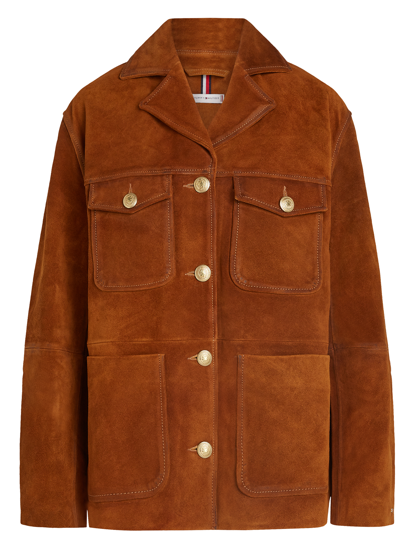 Veste droite col classique en cuir velours | Marron
