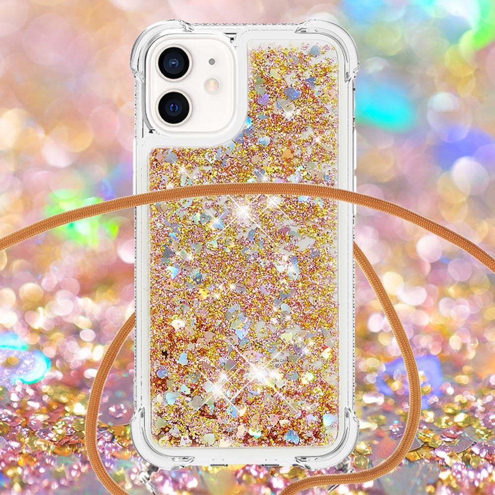 iPhone 12 / iPhone 12 Pro Necklace Gummi Hülle Liquid Glitzer   Handykette (130cm) - Braun / Gold