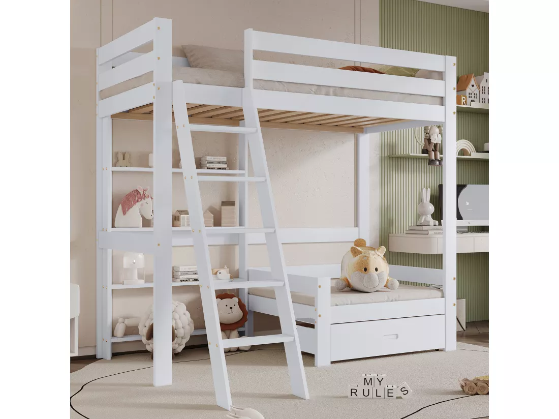 Lit mezzanine 90 x 200 cm avec étagères de rangement et canapé - bois massif + MDF - blanc