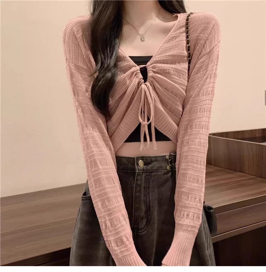 SUGARUS - V-hals effen geplooide crop top met trekkoord / effen camisole