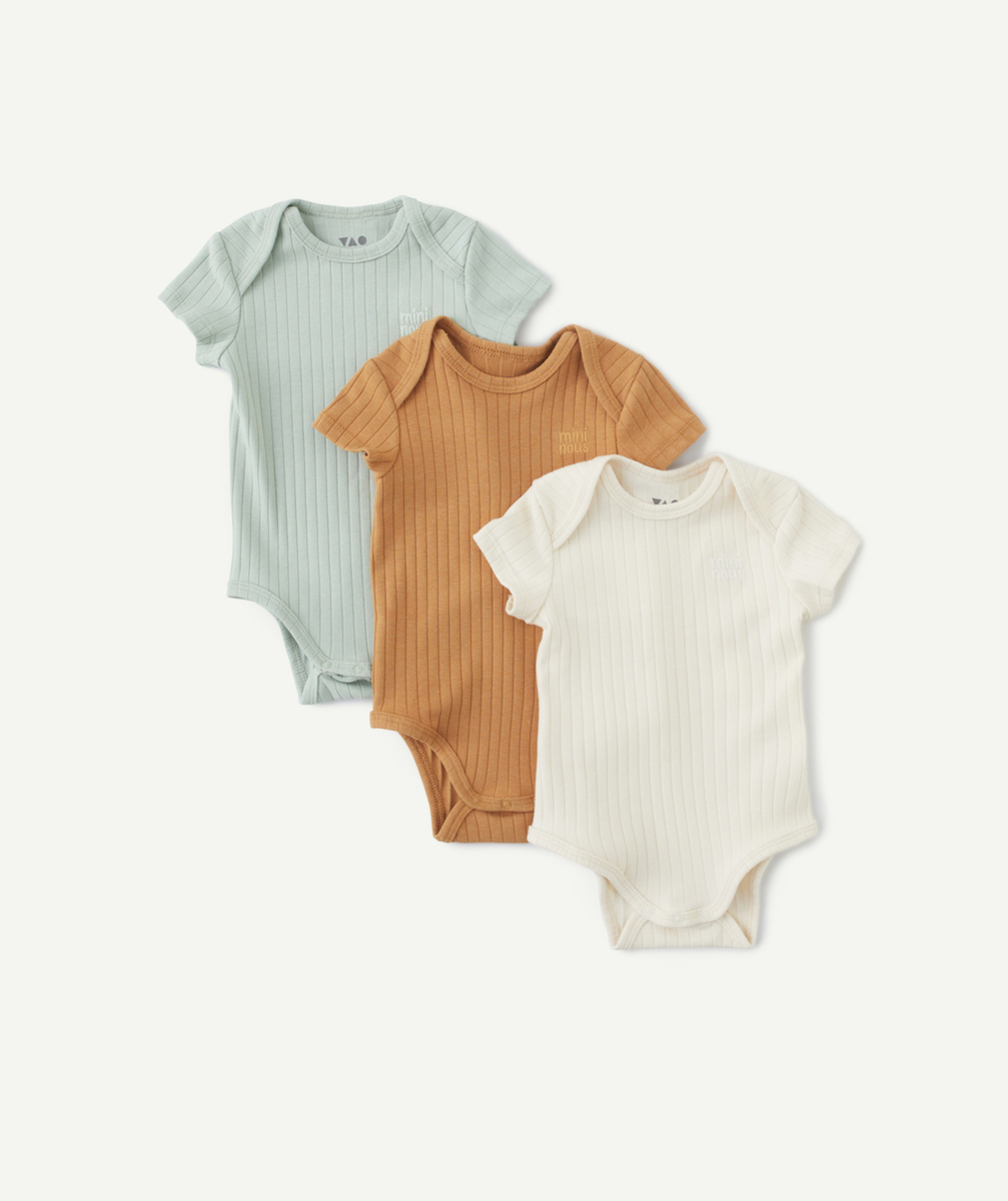 LOT DE 3 BODIES MANCHES COURTES BÉBÉ EN COTON BIO CÔTELÉ AVEC MESSAGES