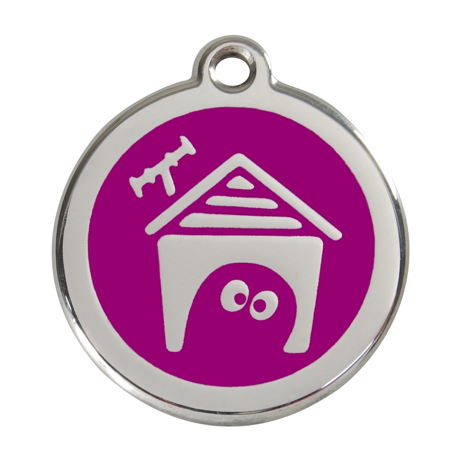 Placa de identificação para cães em aço inoxidável esmaltado, roxa.