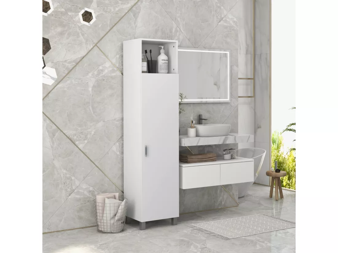 Armoire colonne meuble de rangement avec niche supérieure et placard 3 étagères intérieures - 40 x 35 x 177 cm - blanc
