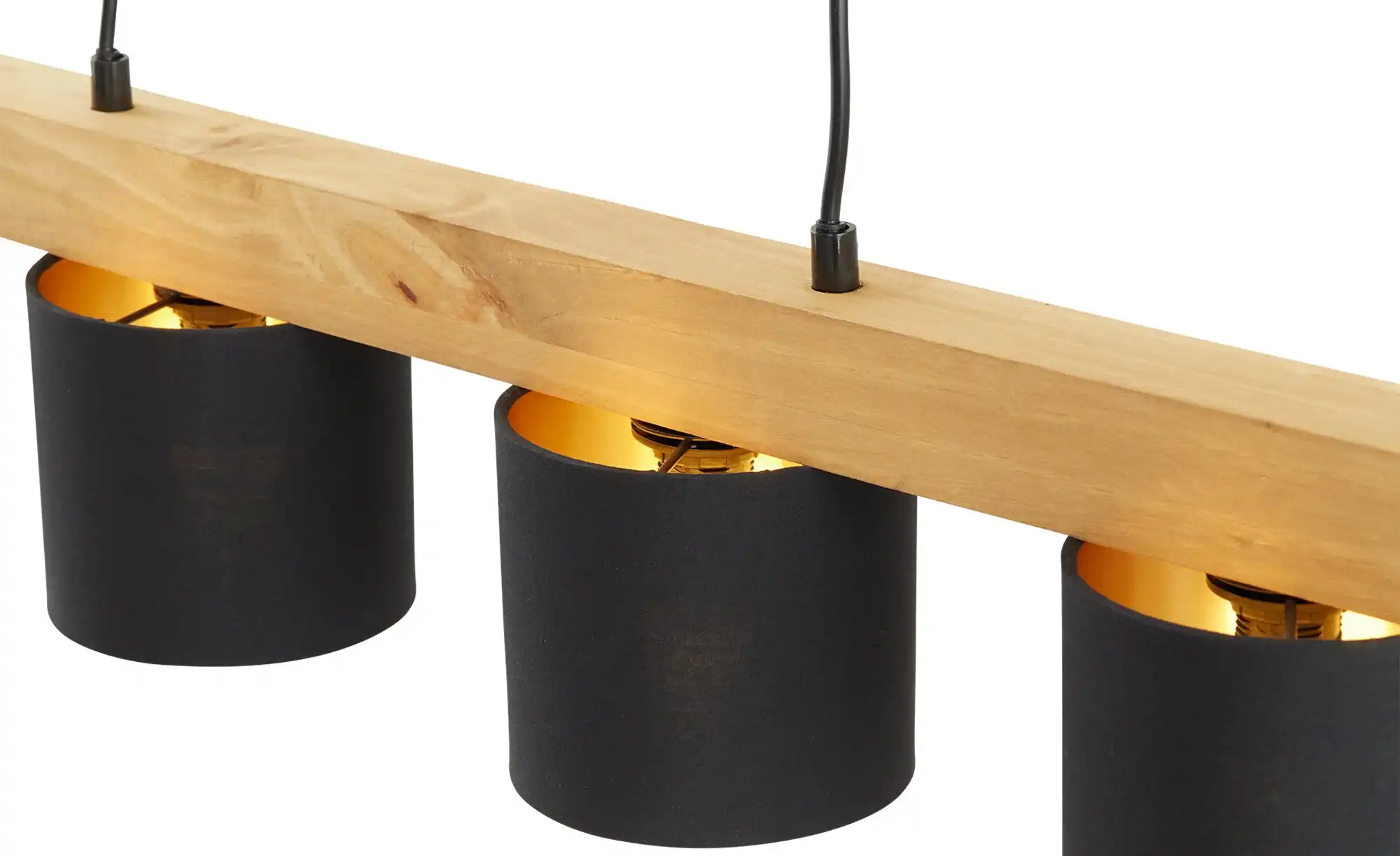 Trio Pendelleuchte, 4-flammig, Holz/ Stoffschirm schwarz/goldfarben