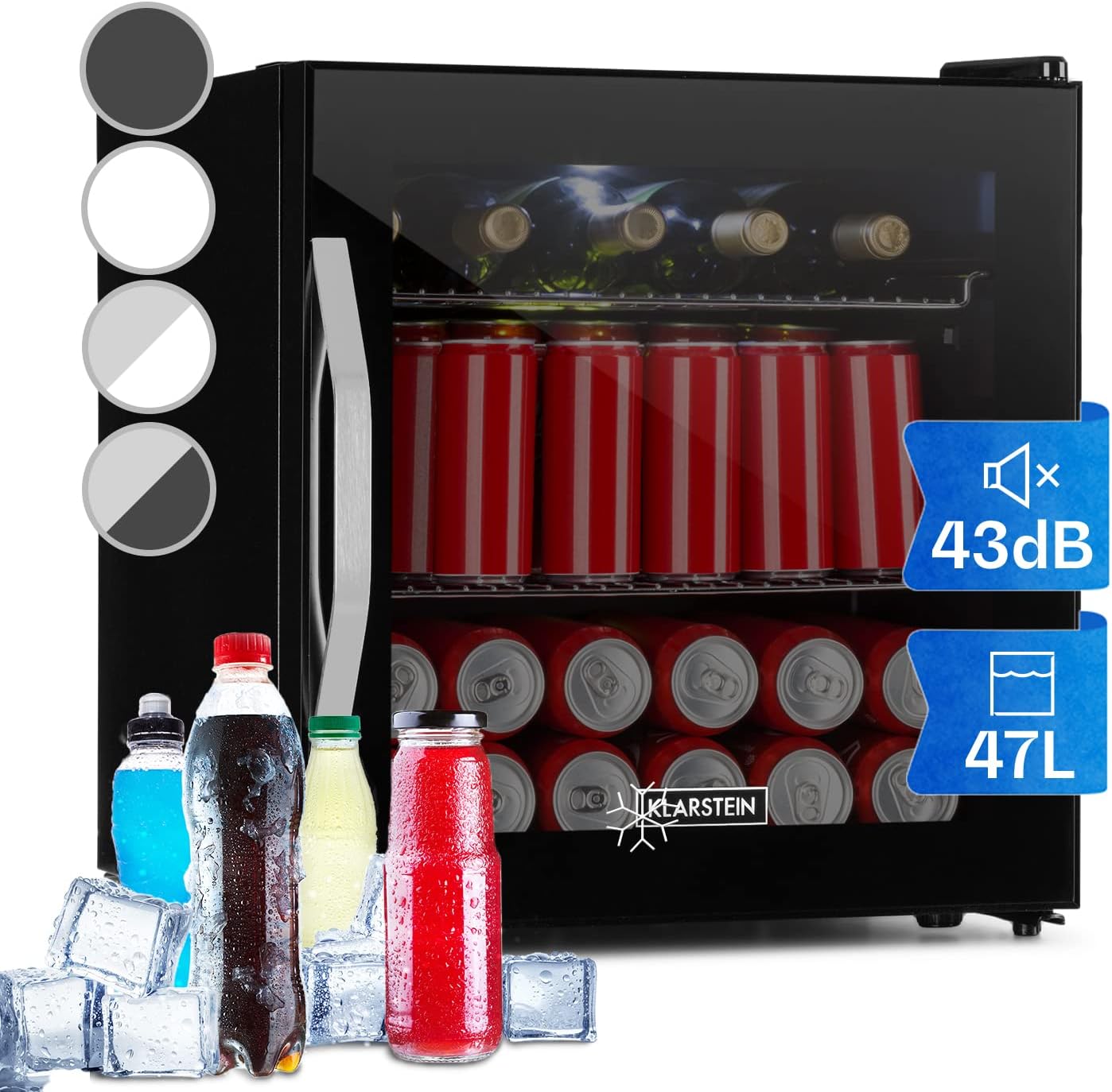 Klarstein Mini Kühlschrank mit Glastür, für Zimmer, Getränkekühlschrank Verstellbaren Ablagen, Kleiner 47 Liter, Indoor/Outdoor Leise
