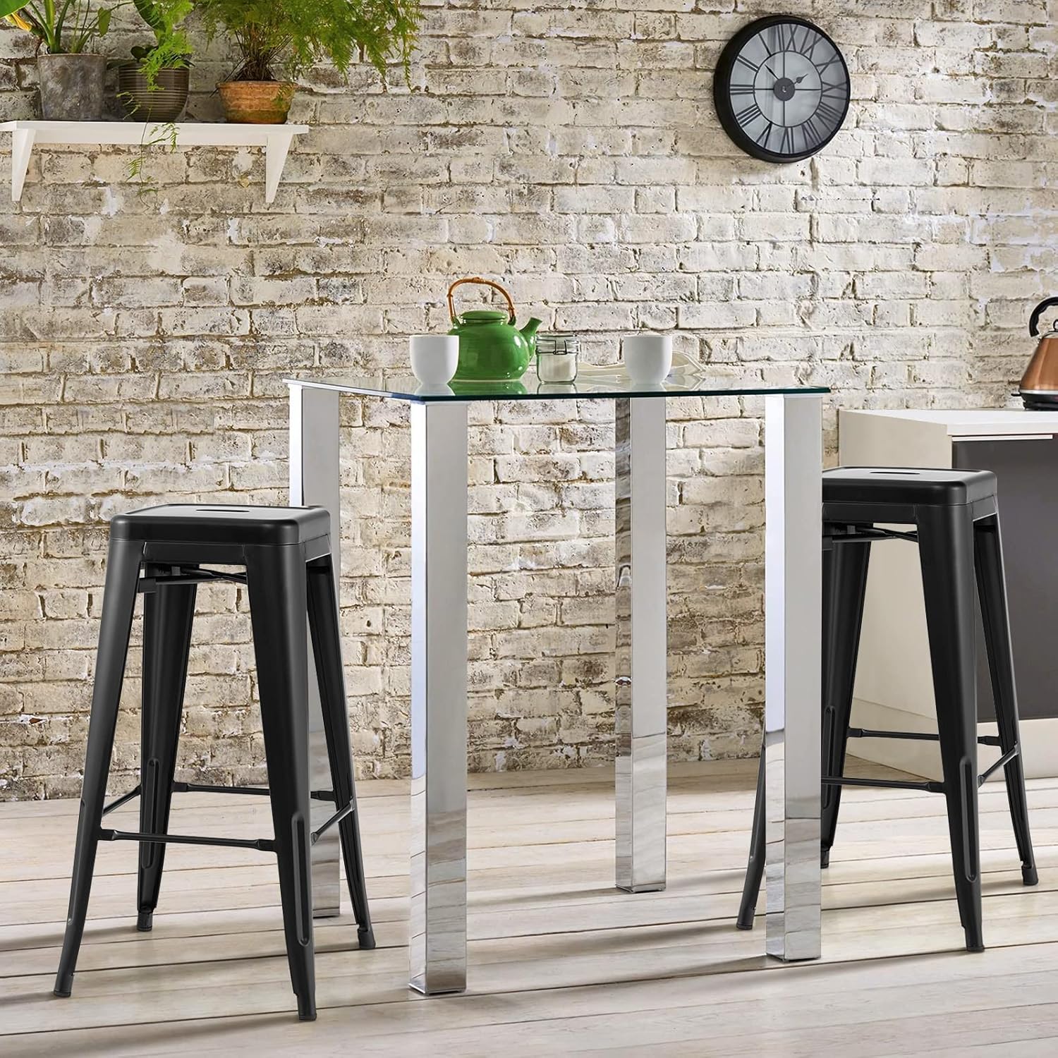 COSTWAY Barhocker 4er Set, Küchenhocker stapelbar, Tresenhocker mit Fußstütze, Bistrohocker bis 150kg belastbar, Sitzhocker, Hocker für Zuhause, Bistro und Esszimmer (Schwarz, Sitzhöhe 76cm)