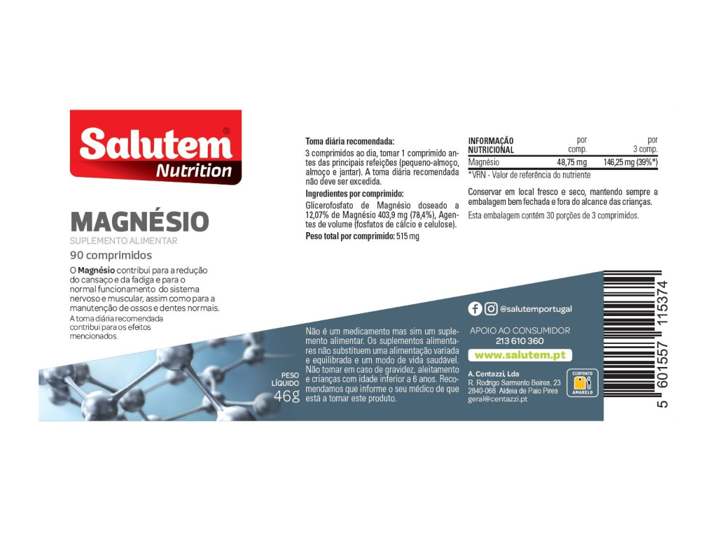 SUPLEMENTO SALUTEM MAGNÉSIO PURO 90 COMPRIMIDOS