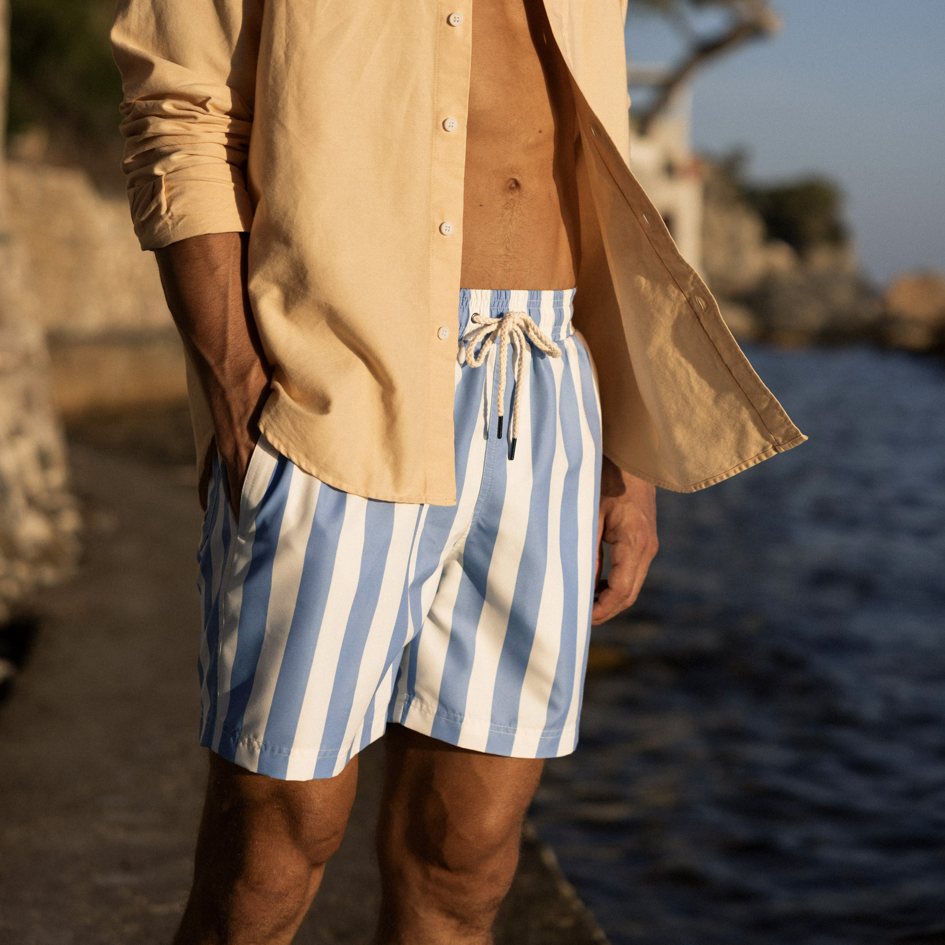 Maillot de bain rayé écru & bleu clair polyester recyclé - modèle mimizan