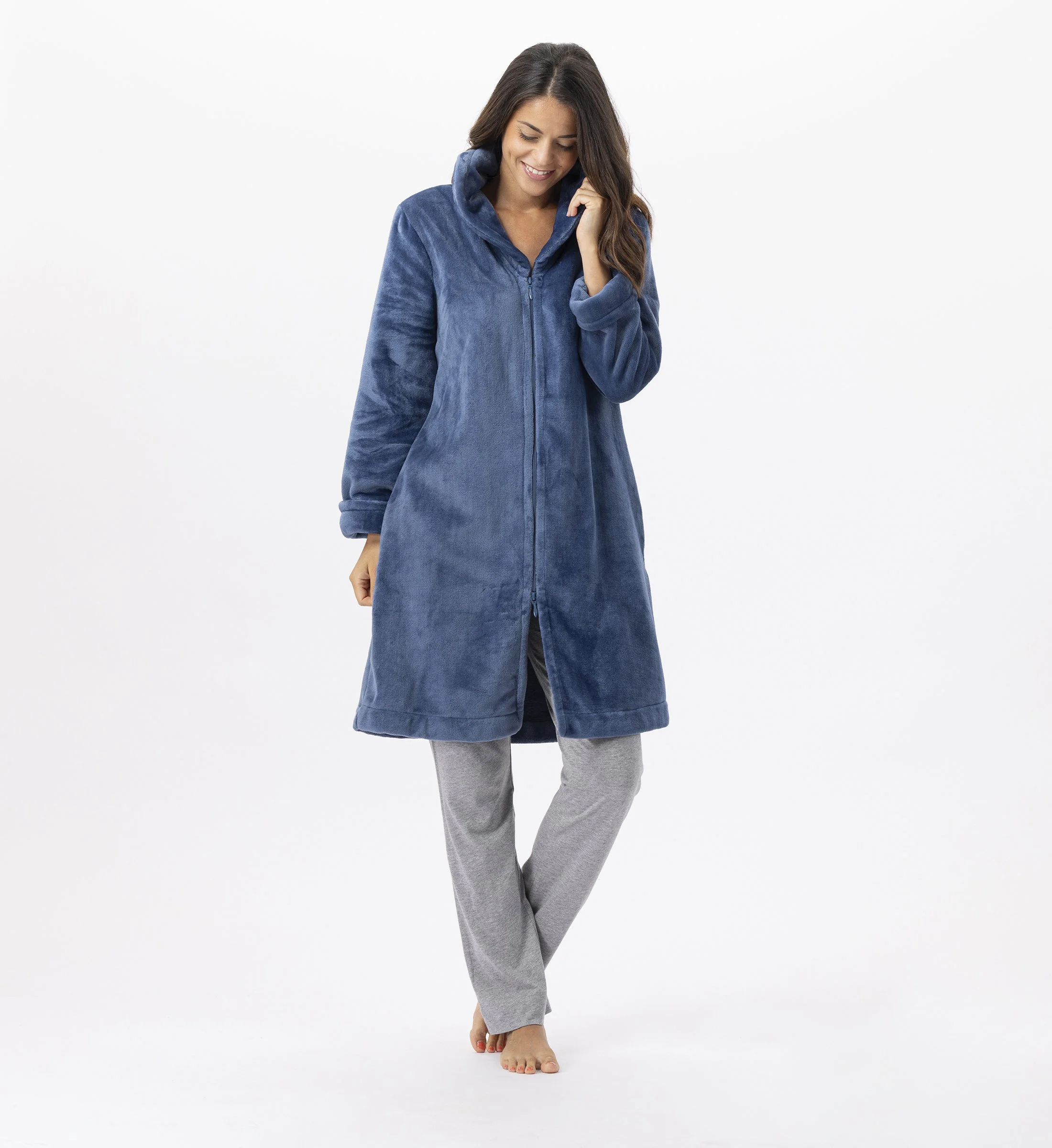 ESSENTIEL H56B - Robe de chambre zipée en peluche flanelle | Bleu